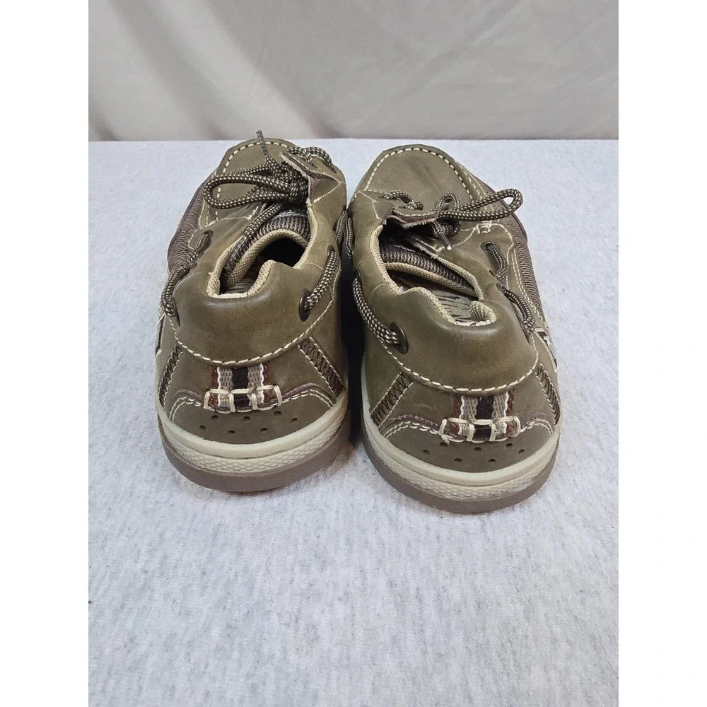 Margaritaville Mens Boat Shoes Size 8 Brown Leather Mesh Loafers Palm Tree Logo